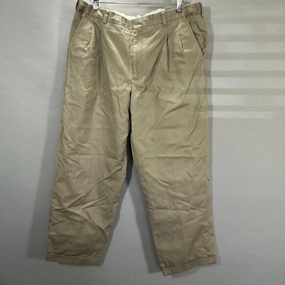 LL Bean Pants Mens 38 Tan Cotton Chino Pleated Front Pockets Cuffs Elastic - Picture 1 of 12